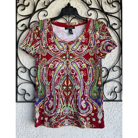 Ralph Lauren Paisley Print Short Sleeve Cotton Blouse - Small - Multicolored - Picture 1 of 5